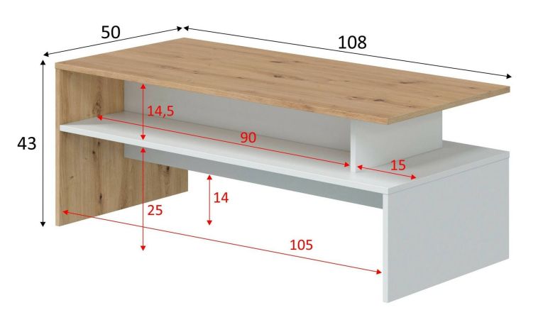 Tavolino da salotto Vail, Tavolino soggiorno, Tavolino da caffè, Tavolo basso, 100x50h43 cm, Rovere Nodi e Bianco lucido