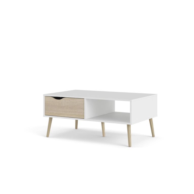 Tavolino da salotto Veronique, Tavolo basso da caffè, Portariviste per divano, Ripiano da soggiorno, 99x60 h43 cm, Bianco e Quercia