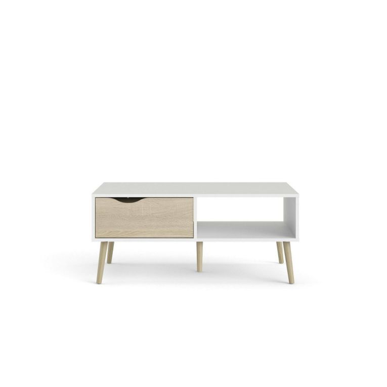 Tavolino da salotto Veronique, Tavolo basso da caffè, Portariviste per divano, Ripiano da soggiorno, 99x60 h43 cm, Bianco e Quercia