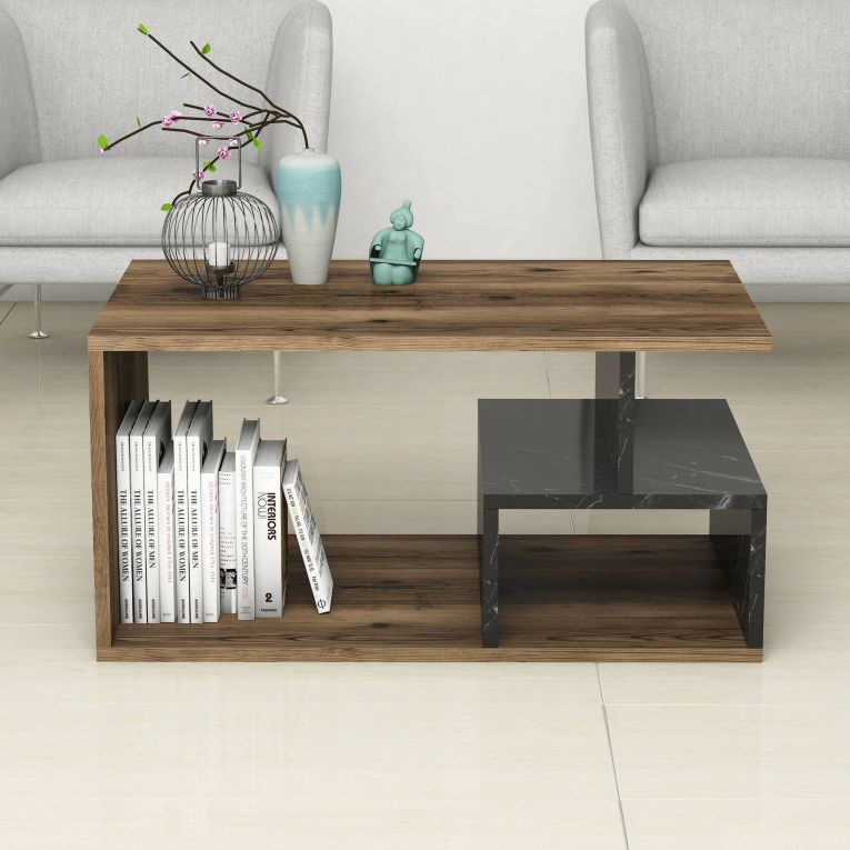 Tavolino da salotto Zuben, Tavolo basso da caffè, Portariviste per divano, Ripiano da soggiorno, 90x42 h54 cm, Marrone e Grigio