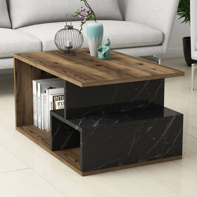 Tavolino da salotto Zuben, Tavolo basso da caffè, Portariviste per divano, Ripiano da soggiorno, 90x42 h54 cm, Marrone e Grigio