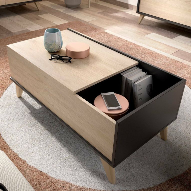 Tavolino salotto rettangolare antracite e rovere 99x60x41h cm con scaffale - Alexius