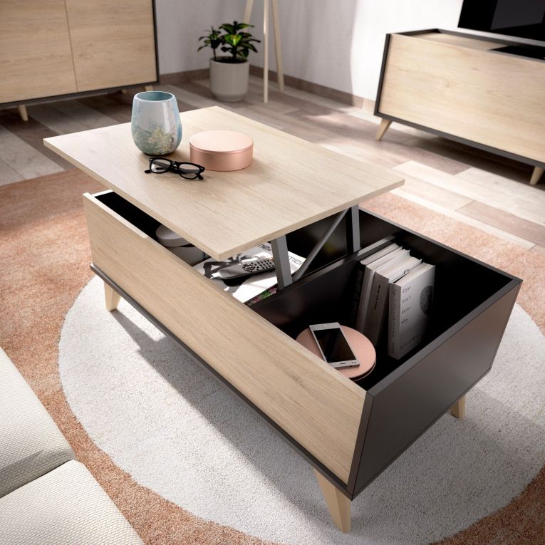 Tavolino salotto rettangolare antracite e rovere 99x60x41h cm con scaffale - Alexius