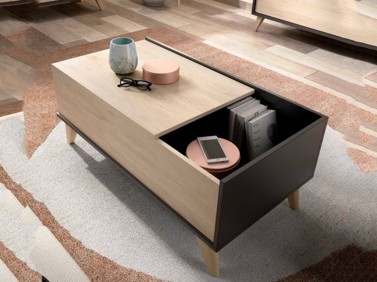 Tavolino salotto rettangolare antracite e rovere 99x60x41h cm con scaffale - Alexius