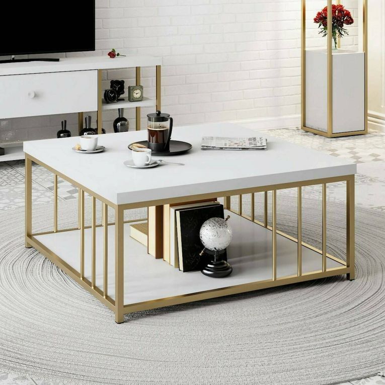 Tavolino salotto rettangolare bianco e oro 90x39x40h cm - Raiden