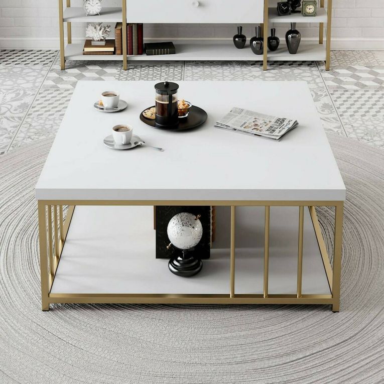 Tavolino salotto rettangolare bianco e oro 90x39x40h cm - Raiden