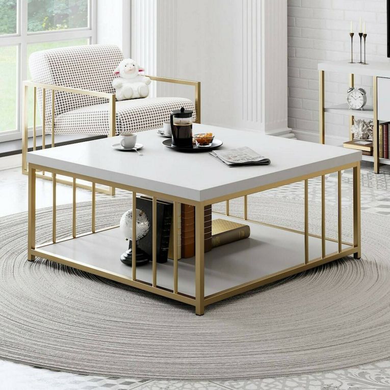Tavolino salotto rettangolare bianco e oro 90x39x40h cm - Raiden