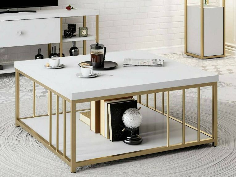Tavolino salotto rettangolare bianco e oro 90x39x40h cm - Raiden
