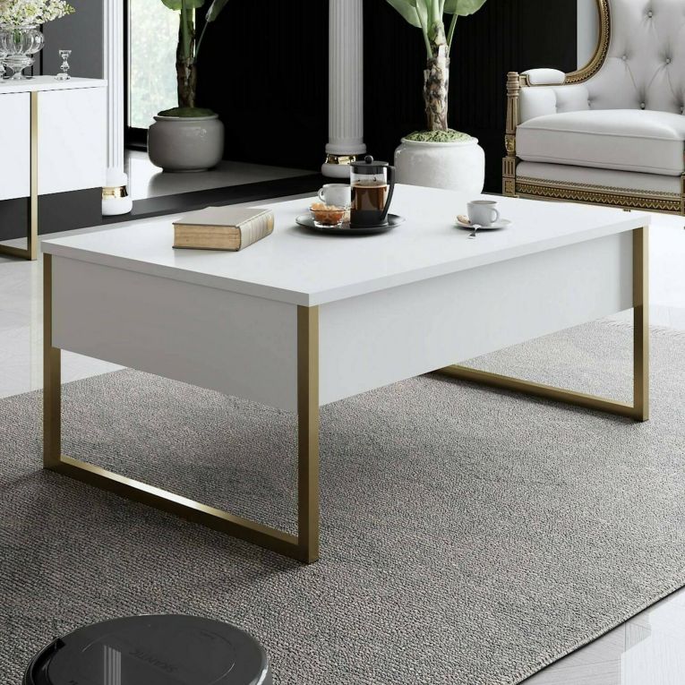 Tavolino salotto rettangolare bianco e oro 90x60x40h cm - Lavinia