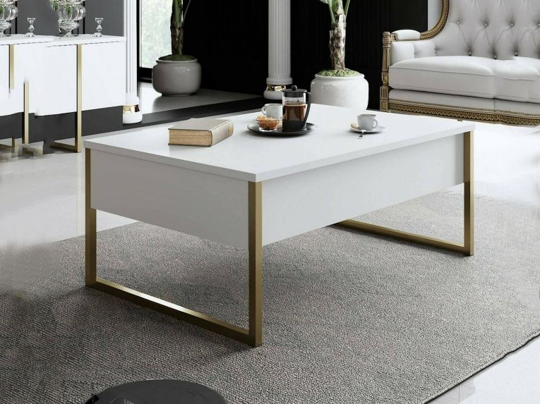 Tavolino salotto rettangolare bianco e oro 90x60x40h cm - Lavinia