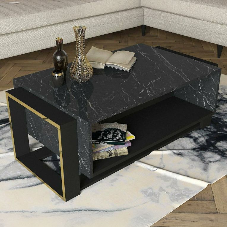 Tavolino salotto rettangolare nero e oro 106x60x40h cm - Gigliola