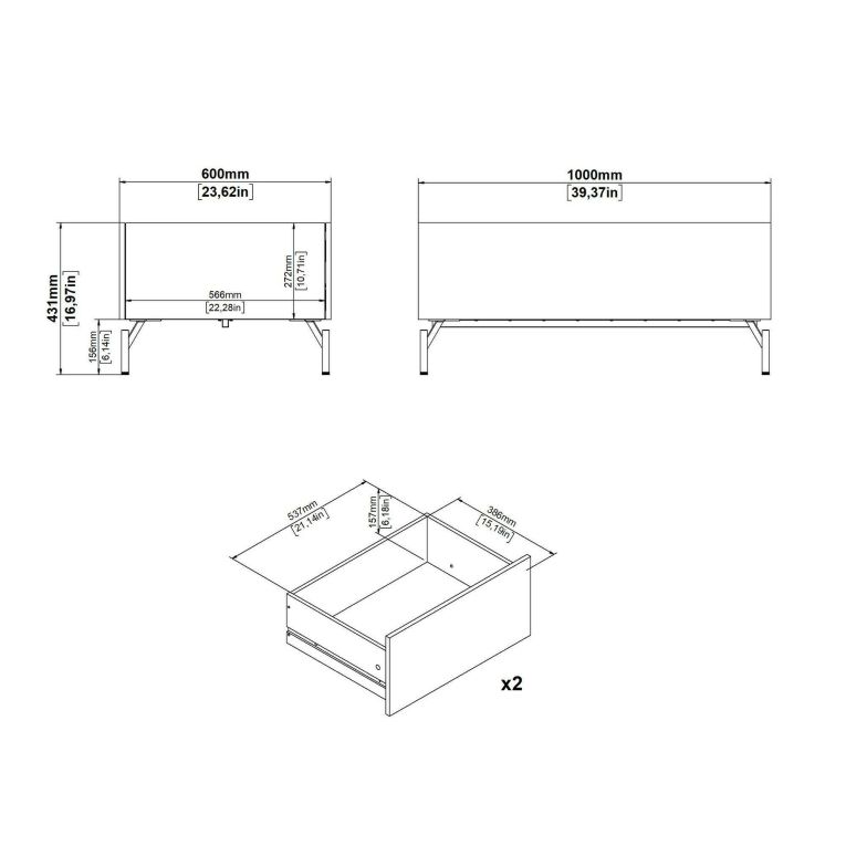 Tavolino salotto rettangolare quercia e nero 100x60x43h cm con 2 cassetti - Bijli