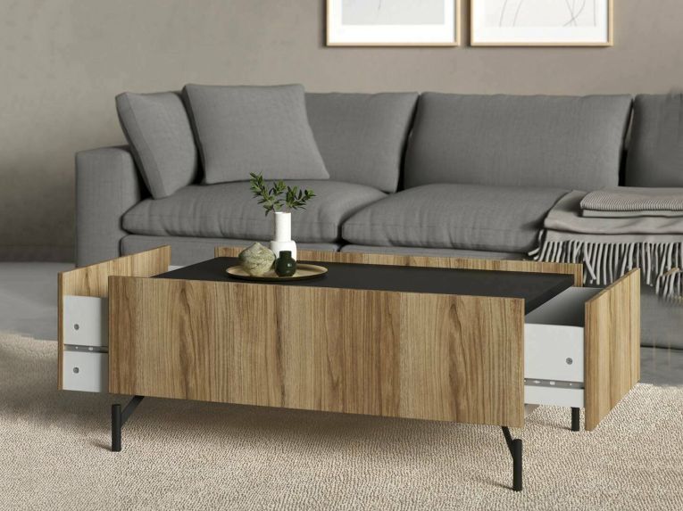 Tavolino salotto rettangolare quercia e nero 100x60x43h cm con 2 cassetti - Bijli