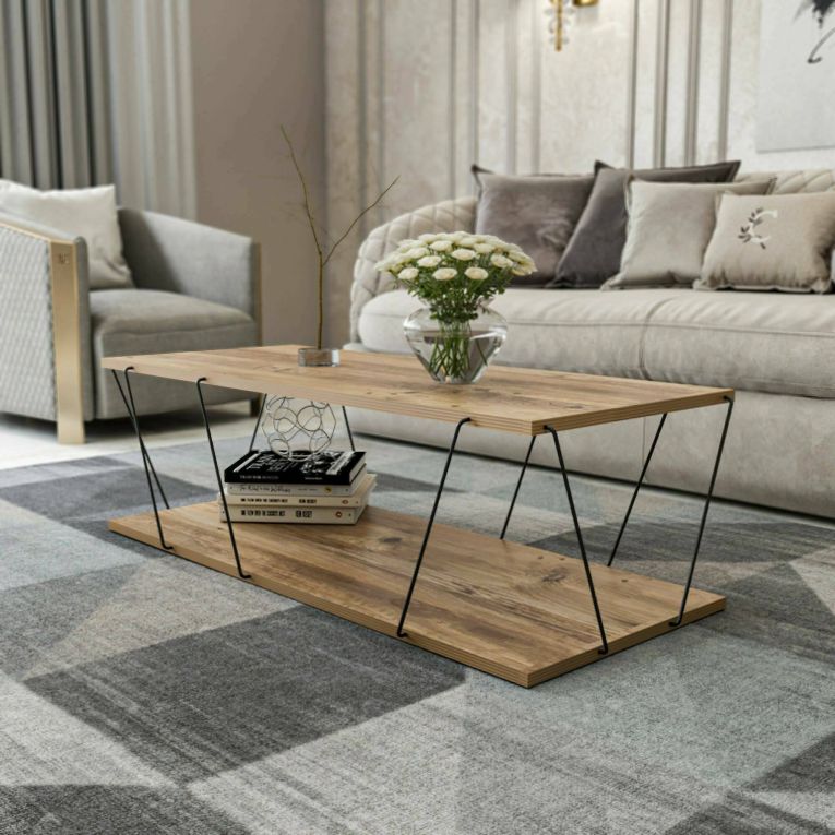 Tavolino salotto rettangolare quercia e nero 120x50x30h cm - Sarika