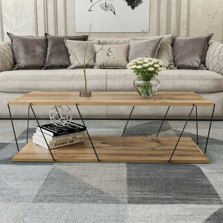 Tavolino salotto rettangolare quercia e nero 120x50x30h cm - Sarika