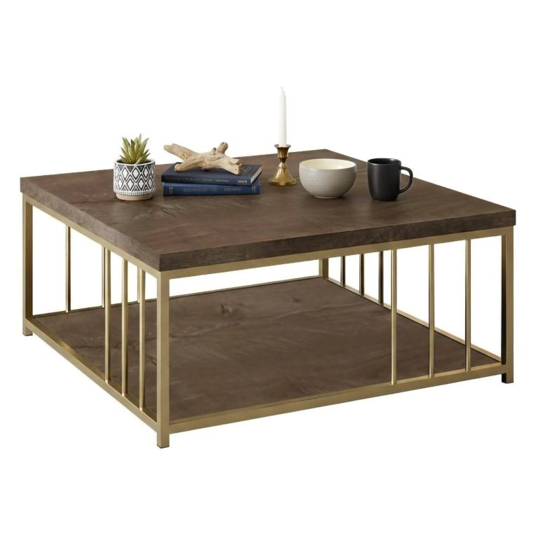 Tavolino soggiorno quadrato noce e oro 90x90x40h cm - Raiden
