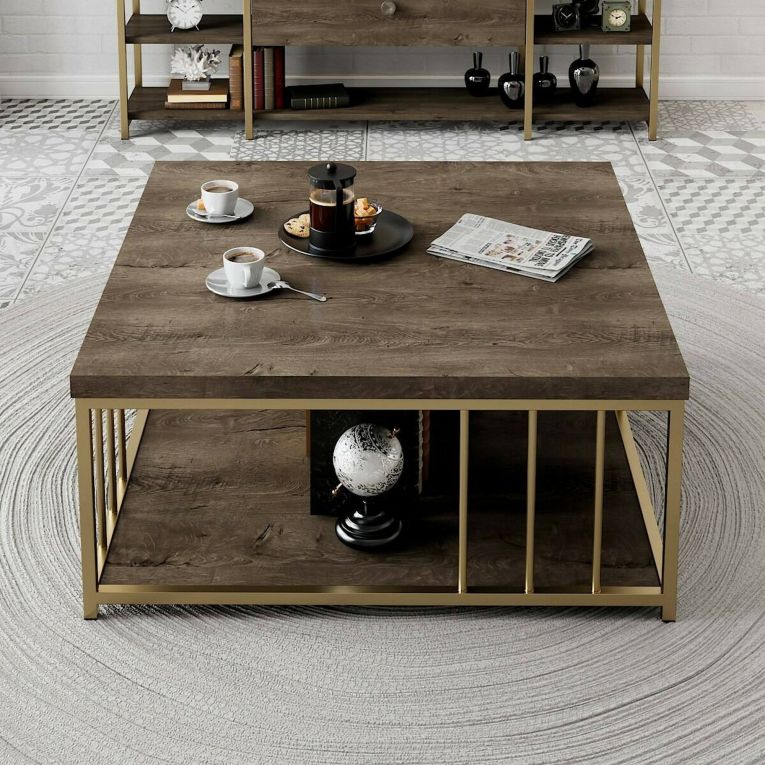 Tavolino soggiorno quadrato noce e oro 90x90x40h cm - Raiden