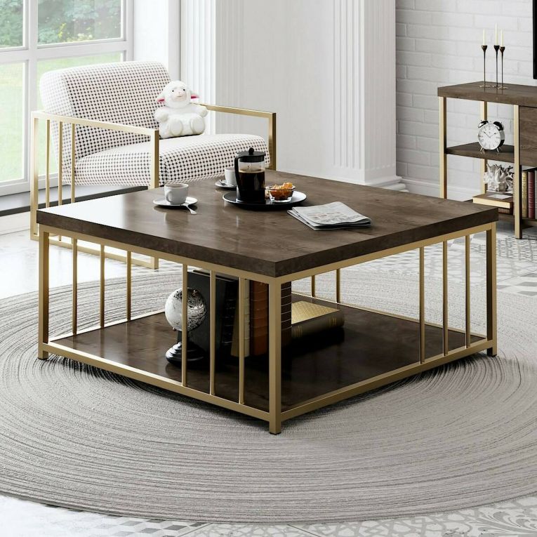 Tavolino soggiorno quadrato noce e oro 90x90x40h cm - Raiden