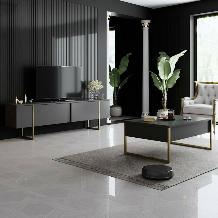 Tavolino soggiorno rettangolare antracite e oro 90x60x40h cm - Lavinia
