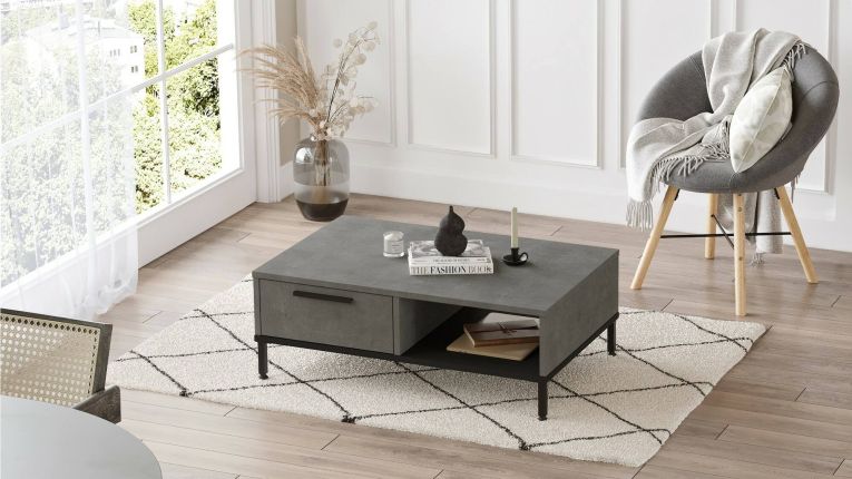 Tavolino soggiorno rettangolare argento e nero 90x60x31h cm con 1 cassetto - Busano