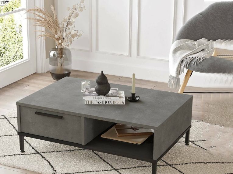 Tavolino soggiorno rettangolare argento e nero 90x60x31h cm con 1 cassetto - Busano