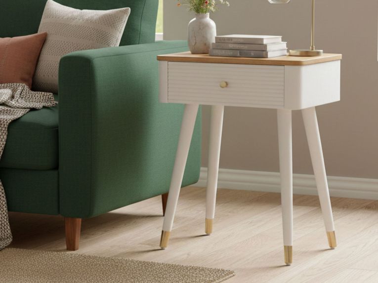 Tavolino soggiorno rettangolare bianco e marrone 45x32x62h cm con 1 cassetto - Fridal