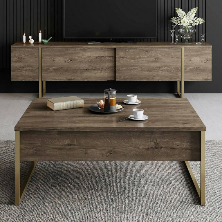 Tavolino soggiorno rettangolare noce e oro 90x60x40h cm - Lavinia