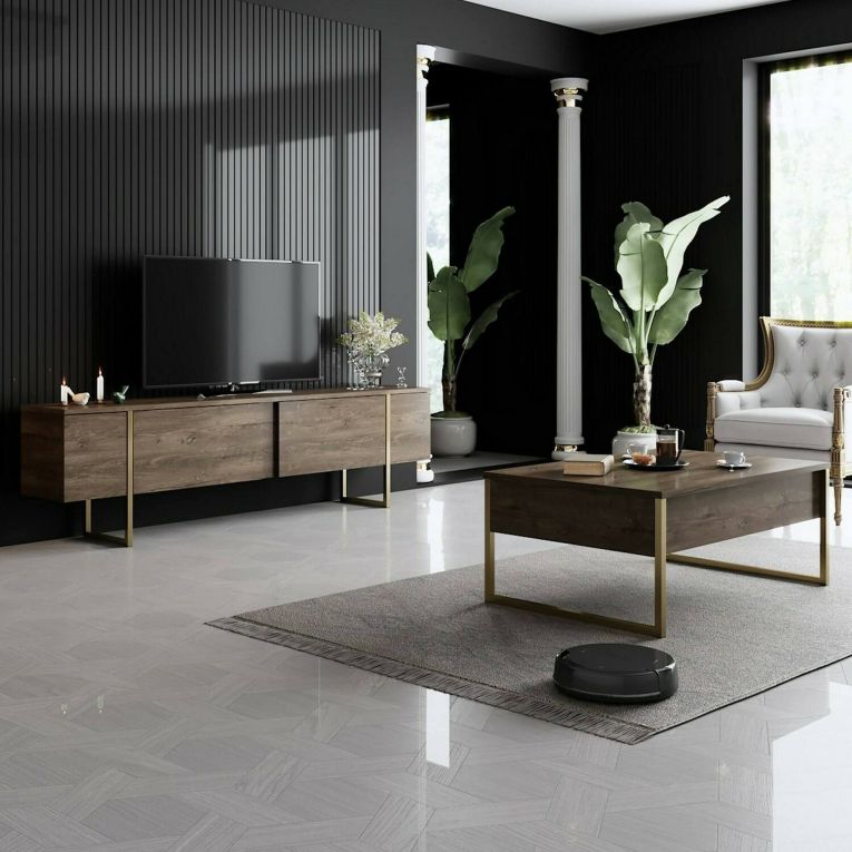 Tavolino soggiorno rettangolare noce e oro 90x60x40h cm - Lavinia