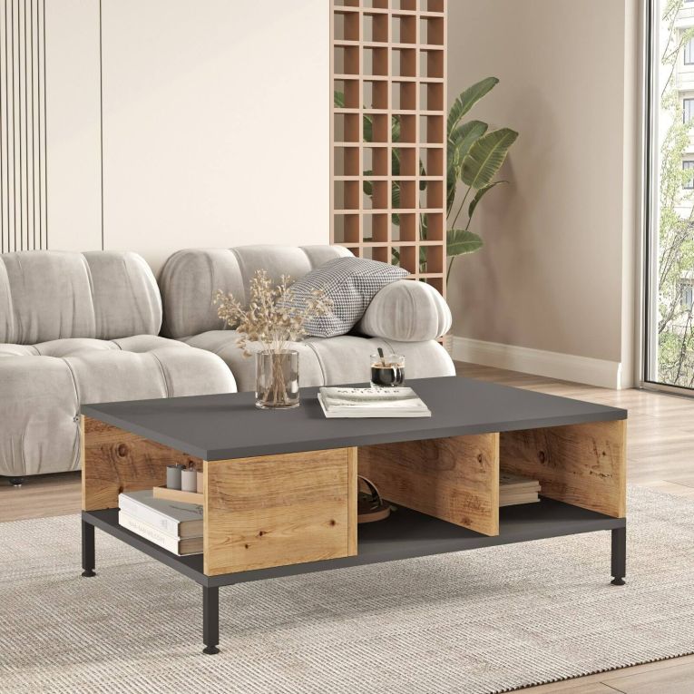 Tavolino soggiorno rettangolare quercia e antracite 90x60x33h cm - Lemie