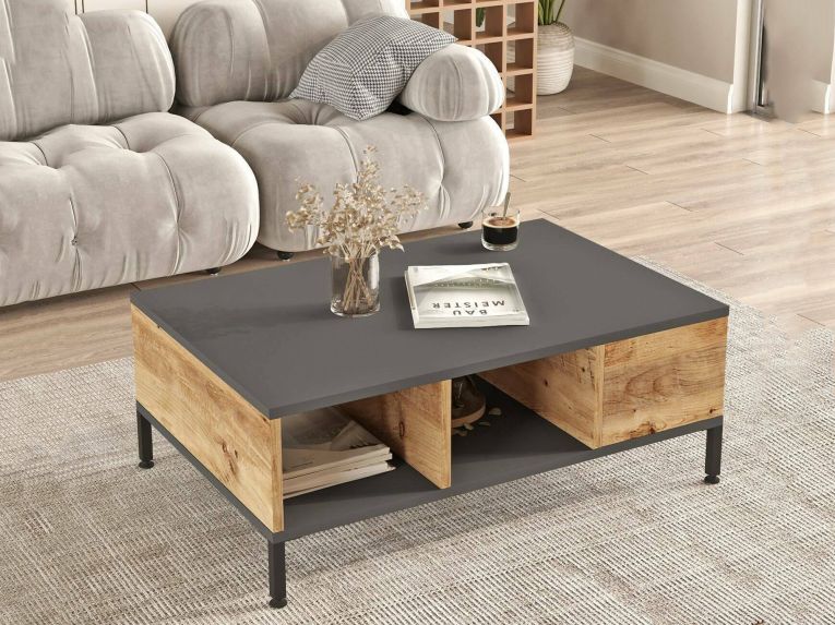 Tavolino soggiorno rettangolare quercia e antracite 90x60x33h cm - Lemie