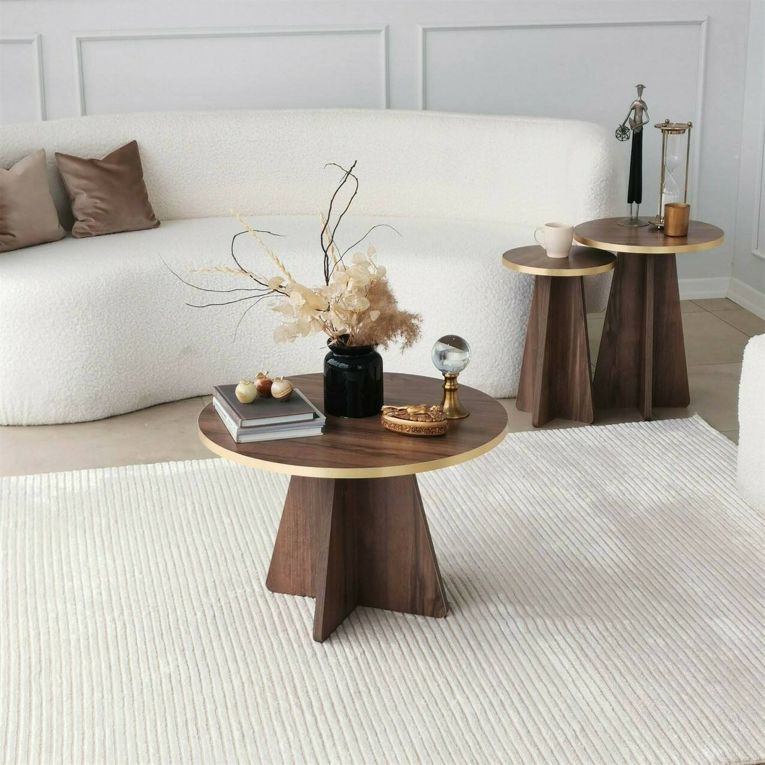 Tavolino soggiorno rotondo oro e noce 60x60x40h cm - Armanda