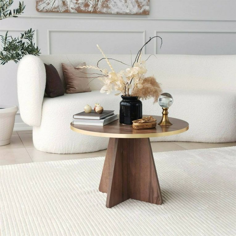 Tavolino soggiorno rotondo oro e noce 60x60x40h cm - Armanda