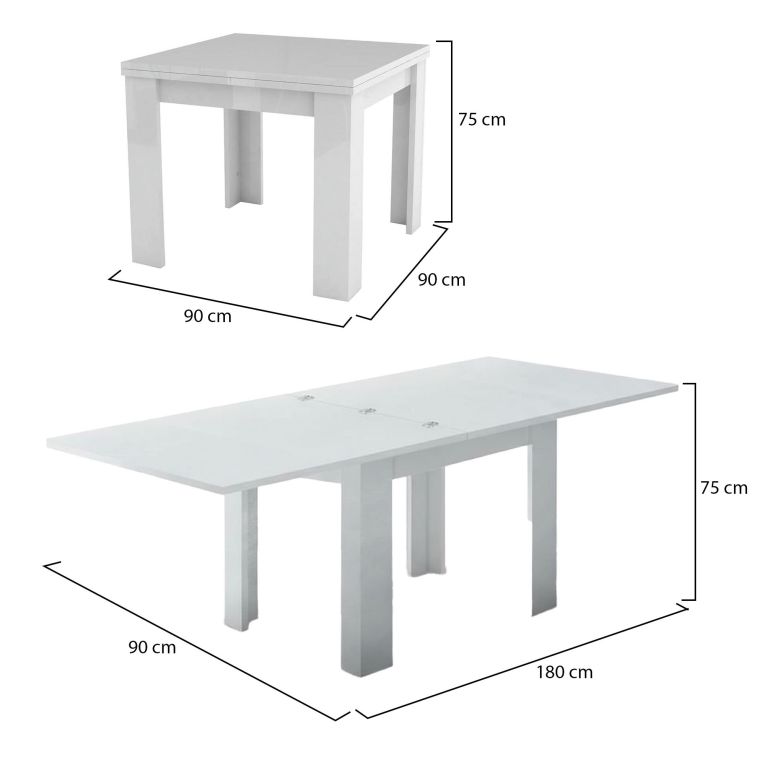 Tavolo allungabile 6-8 posti 90x90cm bianco lucido - Airin