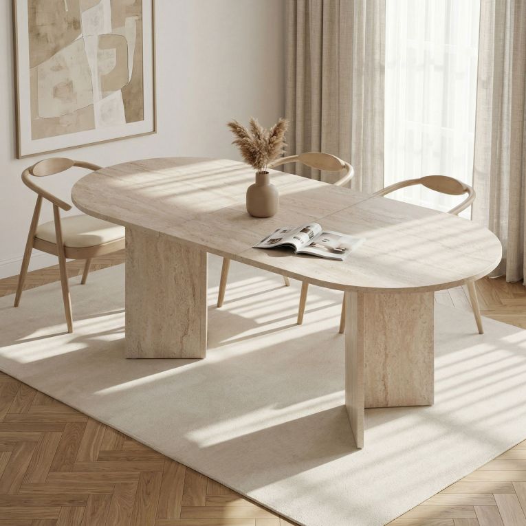 Tavolo Allungabile Beige Marmo 6 Posti Allungabile 160x90x75h cm, Meccanismo Estensione Allunga Centrale - Noba