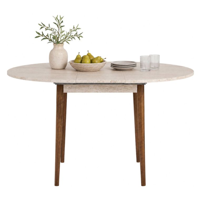 Tavolo Allungabile Beige Marmo Marrone Noce 6 Posti Allungabile 100x100x75h cm, Meccanismo Estensione Allunga Centrale - Bee