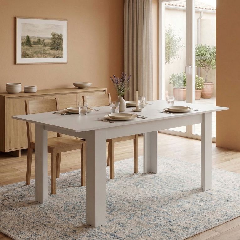 Tavolo Allungabile Bianco Opaco 8 Posti Allungabile 120x80x76h cm, Meccanismo Estensione Allunga Centrale - Marudo