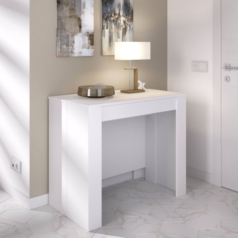 Tavolo allungabile Cognolo, Tavolo da pranzo multiuso, Consolle estensibile multiposizione con porta allunghe incluso, 54-239x90h77 cm, Bianco lucido