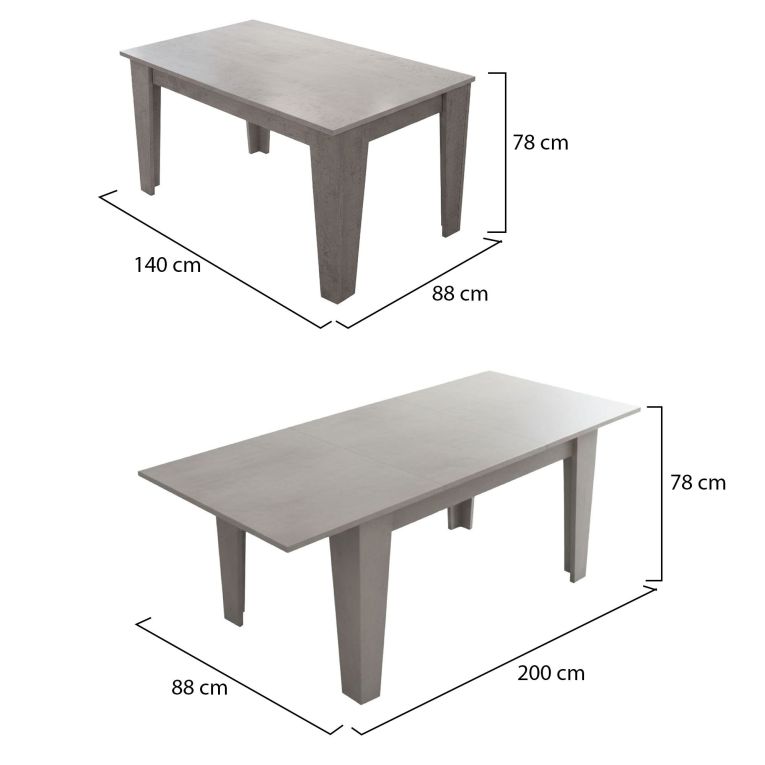 Tavolo Allungabile Grigio Cemento Allungabile Meccanismo Estensione Allunga Centrale 200x88x78h cm, Lunghezza Massima 200 cm - Salmour