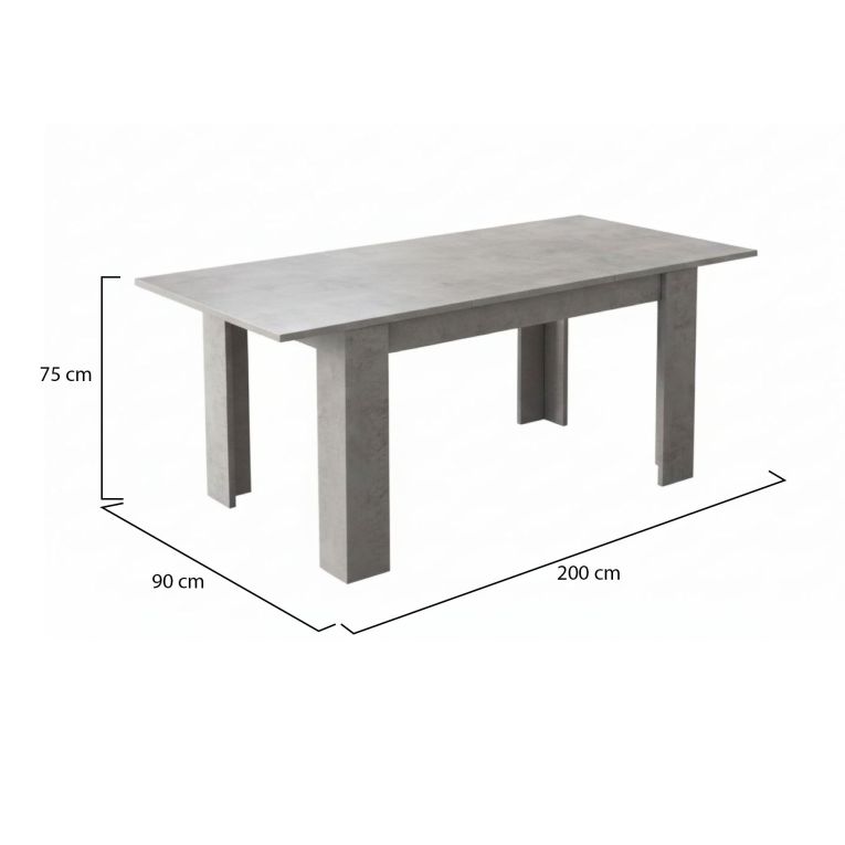 Tavolo Allungabile Grigio Cemento Allungabile Meccanismo Estensione Allunga Centrale 200x90x75h cm, Lunghezza Massima 200 cm - Marene