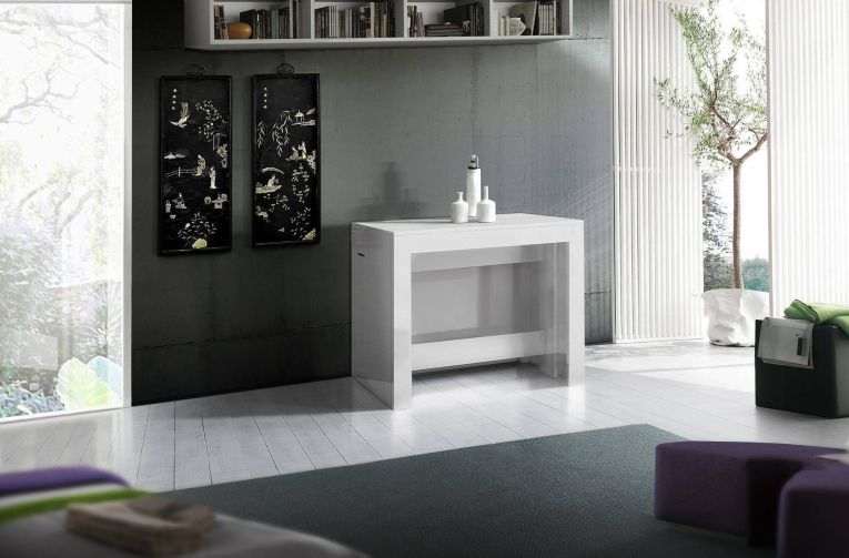 Tavolo allungabile Martino, Consolle allungabile fino a 12 posti, Tavolo con portallunghe, 100% Made in Italy, cm 51-300x90h77, Bianco lucido
