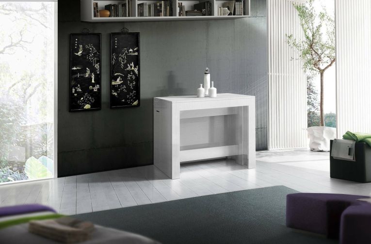 Tavolo allungabile Martino, Consolle allungabile fino a 12 posti, Tavolo con portallunghe, 100% Made in Italy, cm 51-300x90h77, Bianco lucido Larice