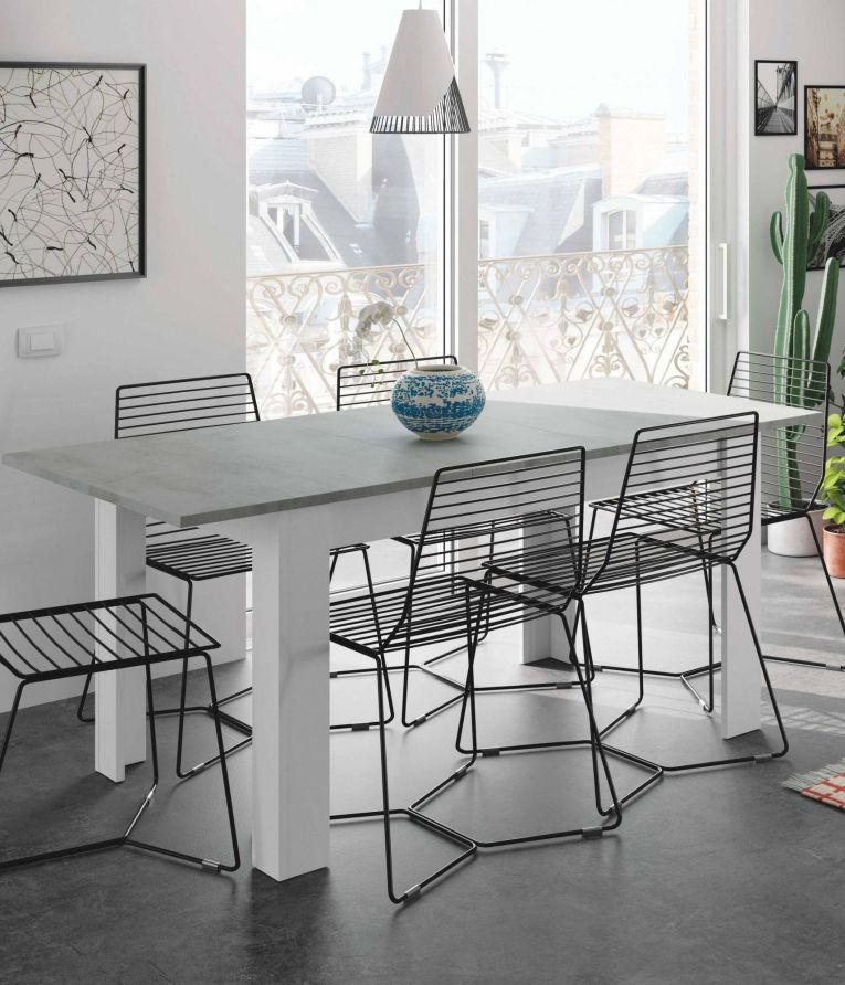 Tavolo allungabile Midland, Consolle estensibile per sala da pranzo, Tavolo apribile da cucina con prolunga, 140-190x90h78 cm, Cemento e Bianco