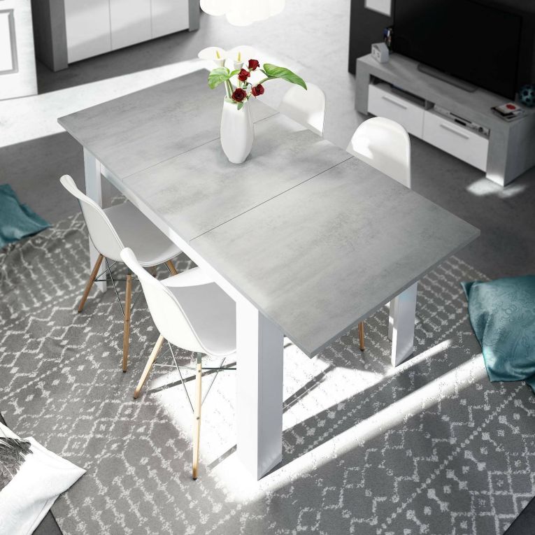 Tavolo allungabile Midland, Consolle estensibile per sala da pranzo, Tavolo apribile da cucina con prolunga, 140-190x90h78 cm, Cemento e Bianco