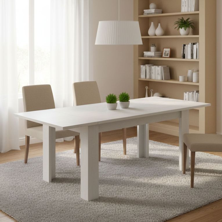 Tavolo allungabile Natan, Consolle allungabile fino a 12 posti, Consolle estensibile 100% Made in Italy, cm 160-210x90h75, Bianco lucido Larice