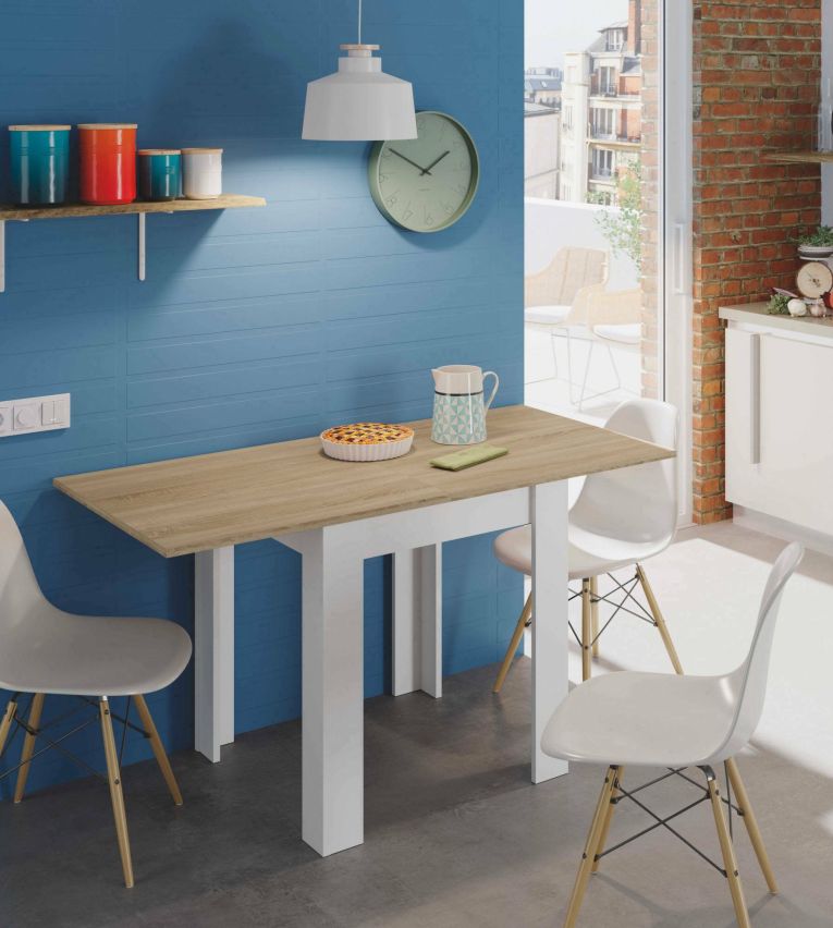 Tavolo allungabile Newark, Tavolo da pranzo pieghevole apertura a libro, Tavolo ausiliario richiudibile, 67x67-135h79 cm, Bianco e Rovere