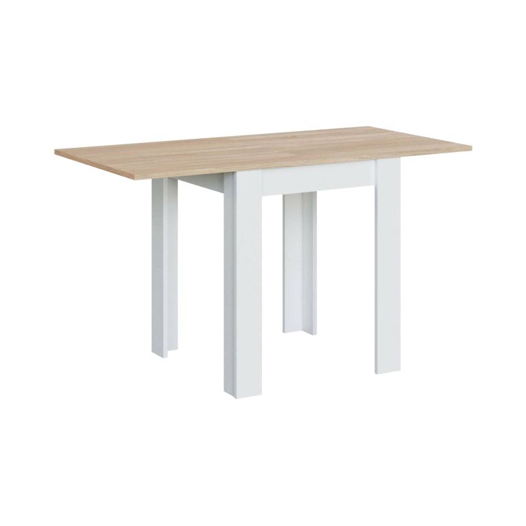 Tavolo allungabile Newark, Tavolo da pranzo pieghevole apertura a libro, Tavolo ausiliario richiudibile, 67x67-135h79 cm, Bianco e Rovere