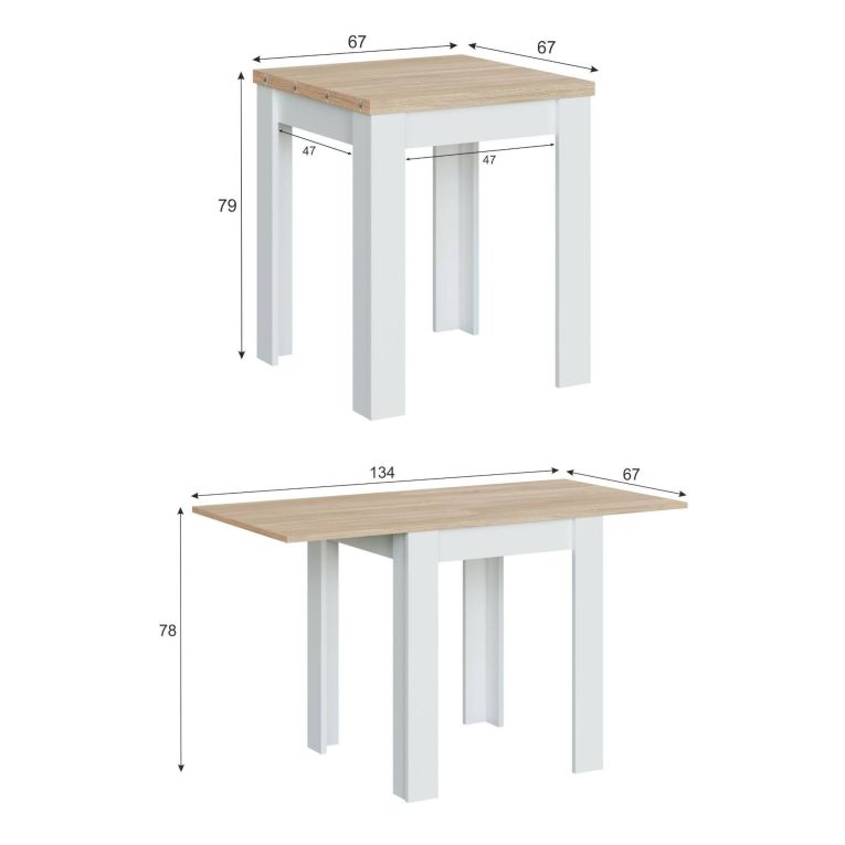 Tavolo allungabile Newark, Tavolo da pranzo pieghevole apertura a libro, Tavolo ausiliario richiudibile, 67x67-135h79 cm, Bianco e Rovere