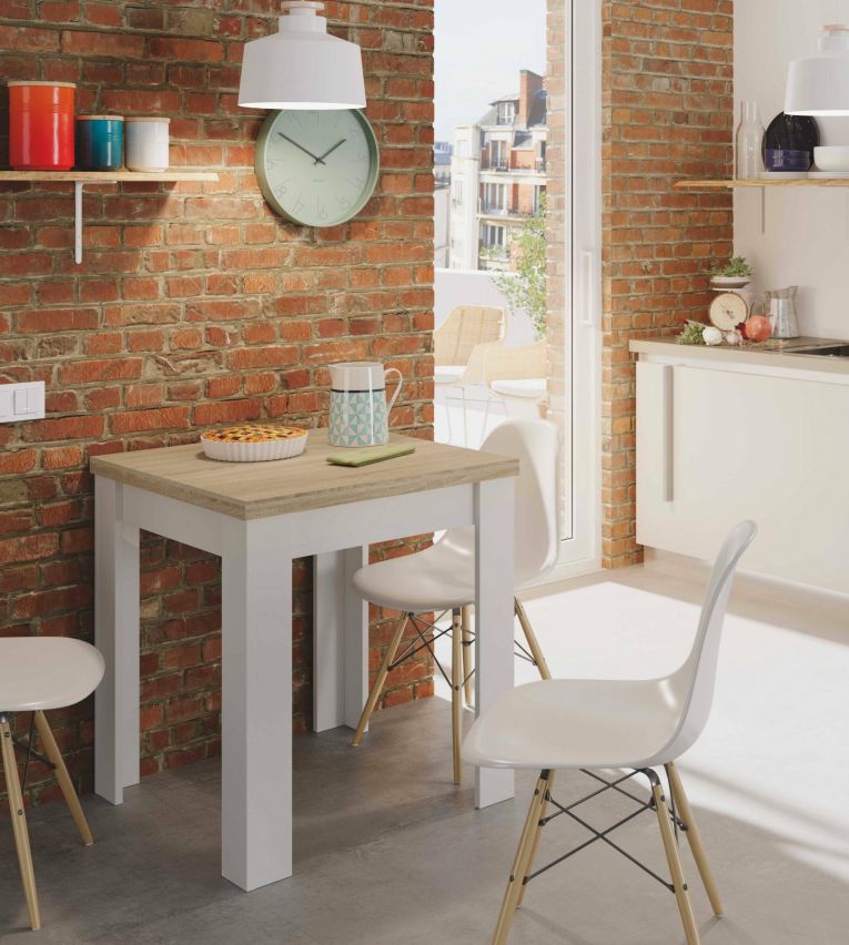 Tavolo allungabile Newark, Tavolo da pranzo pieghevole apertura a libro, Tavolo ausiliario richiudibile, 67x67-135h79 cm, Bianco e Rovere