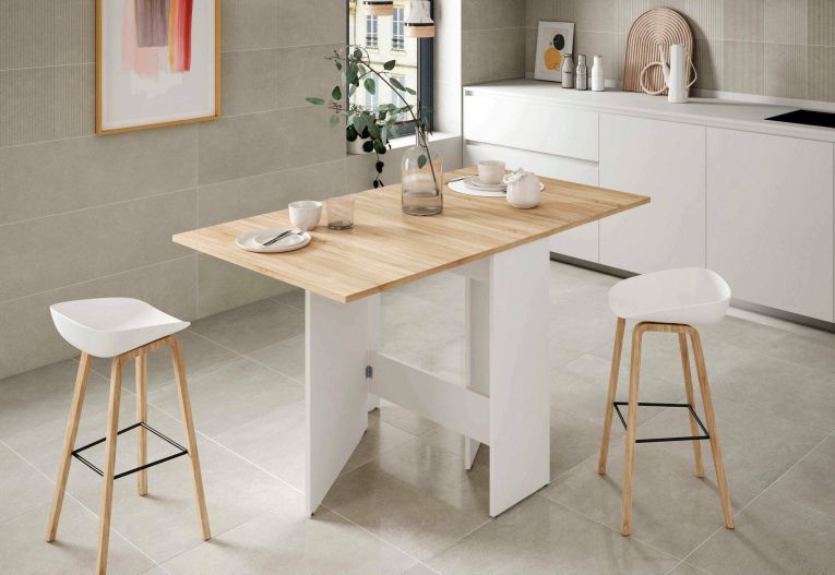 Tavolo allungabile Toledo, Tavolo da pranzo pieghevole con piano abbattibile, Tavolo ausiliario richiudibile, 31x77h78 cm, Bianco e Rovere