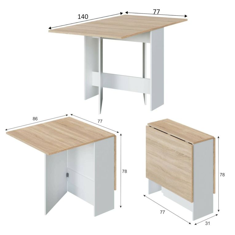 Tavolo allungabile Toledo, Tavolo da pranzo pieghevole con piano abbattibile, Tavolo ausiliario richiudibile, 31x77h78 cm, Bianco e Rovere